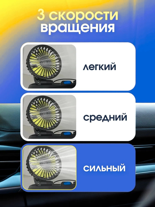 Avtomobil ventilyatori, 12 Vt, qo‘shaloq, USB, 360° aylanish, 3 tezlik