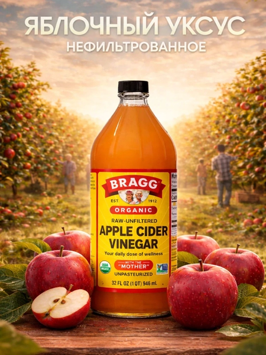 Яблочный уксус Bragg Organik, 946 мл, без фильтрации - 