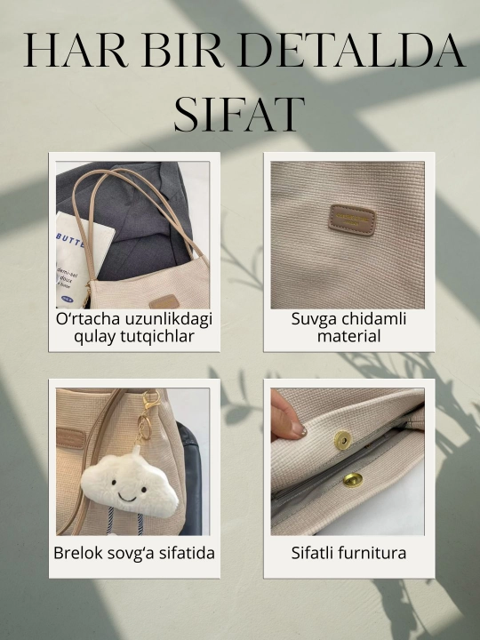 Sumka ayollar uchun yelkama, shopper, ish va o‘qish uchun, yumshoq, sig‘imli, ekocharm