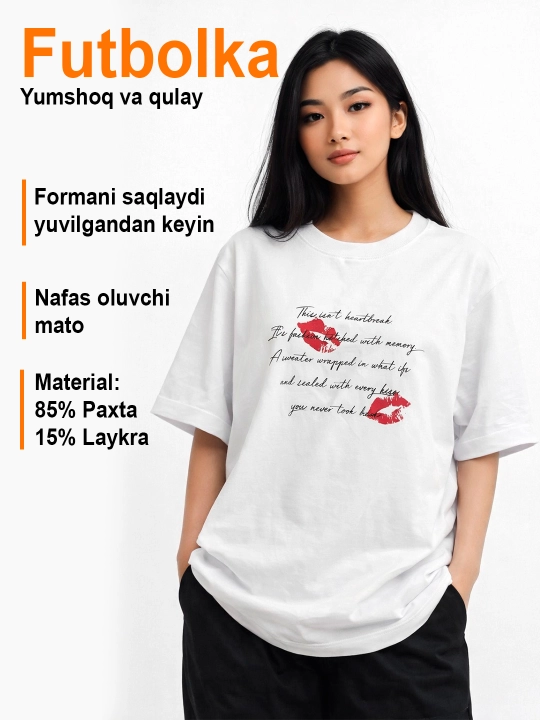 Ayollar futbolkasi, OVERSIZE, bosma, 85% paxta, 15% layk - 