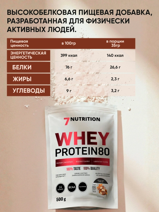 7Nutrition Whey Protein 80 500 г, сывороточный протеин 27 г белка в порции