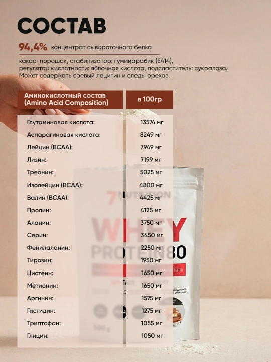 7Nutrition Whey Protein 80 500 г, сывороточный протеин 27 г белка в порции