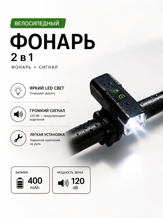 Yorqin LED chiroq + ultra baland ovozli velosiped signali, zaryadlovchi bilan