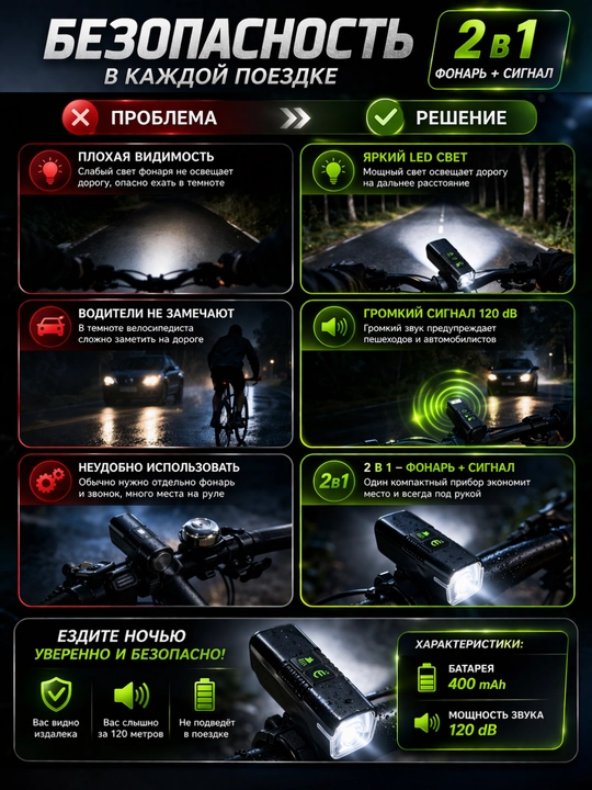 Yorqin LED chiroq + ultra baland ovozli velosiped signali, zaryadlovchi bilan