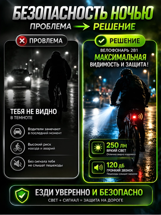 Yorqin LED chiroq + ultra baland ovozli velosiped signali, zaryadlovchi bilan