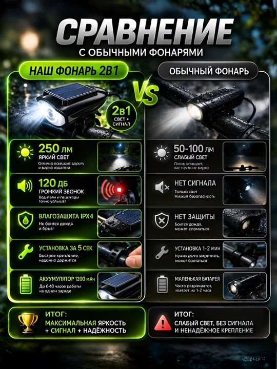 Yorqin LED chiroq + ultra baland ovozli velosiped signali, zaryadlovchi bilan