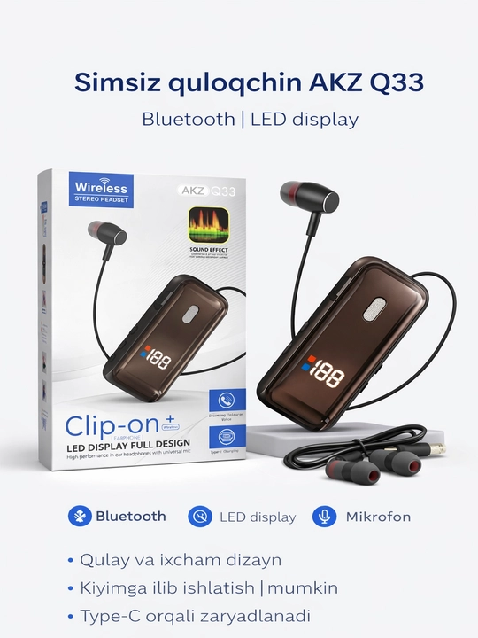 AKZ Q26 simsiz Bluetooth quloqchin (LED display, Type-C)