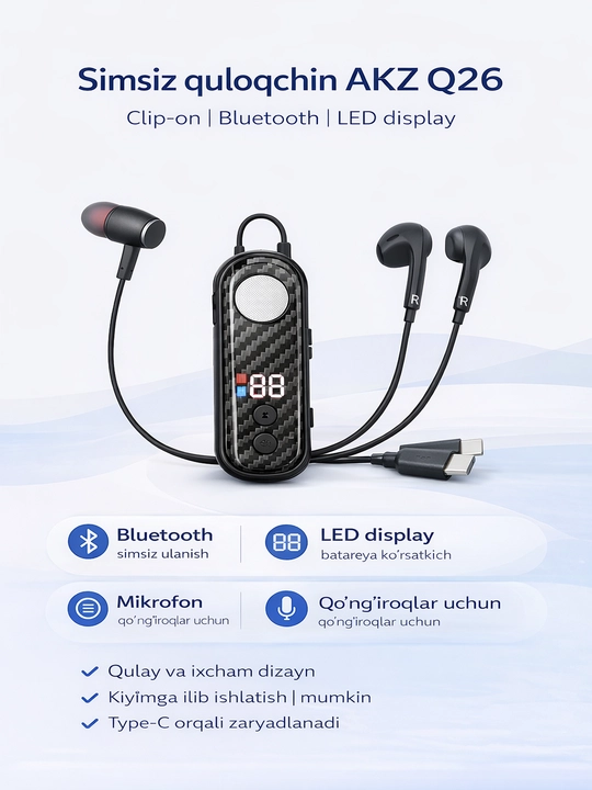 AKZ Q26 simsiz Bluetooth quloqchin (LED display, Type-C)