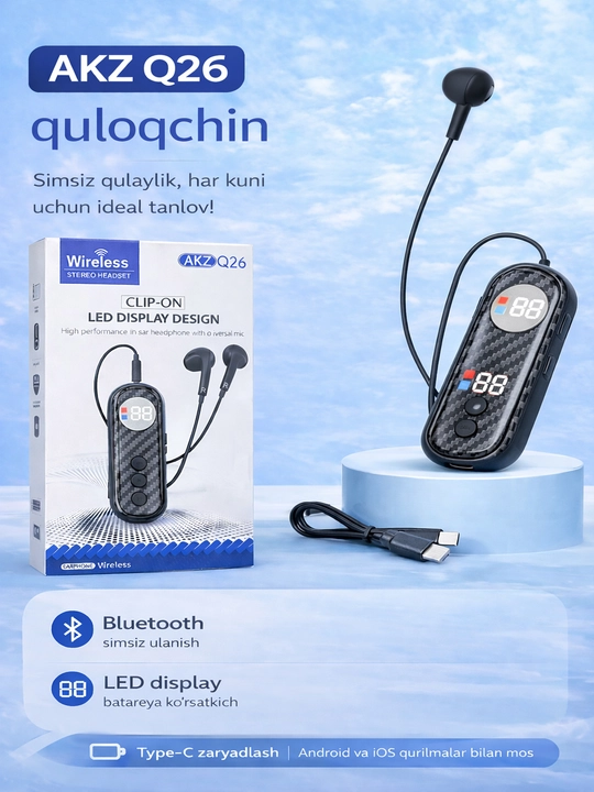 AKZ Q26 simsiz Bluetooth quloqchin (LED display, Type-C) - 