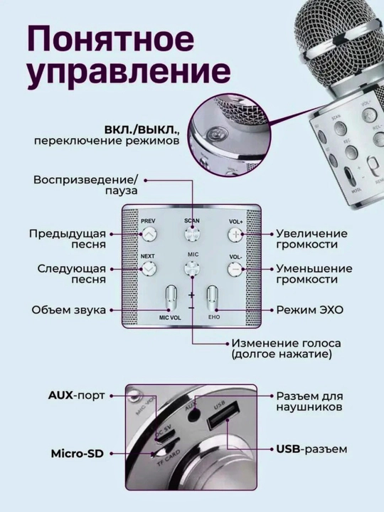 Микрофон караоке, детский, с беспроводным Bluetooth WS 858, колонка с микрофоном