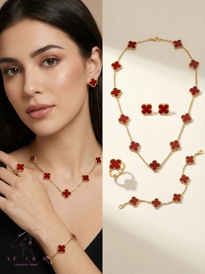VAN CLEEF Набор бижутерий, кольцо, серьги, цепочка, браслет — CARTEIR-VANCLE1-БАГРОВ-van1521