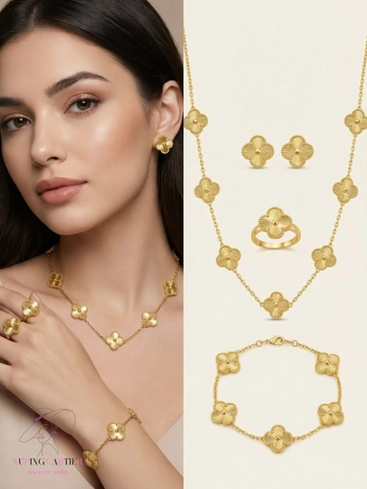 VAN CLEEF Набор бижутерий, кольцо, серьги, цепочка, браслет — CARTEIR-VANCLE1-ЗОЛОТ-van1521