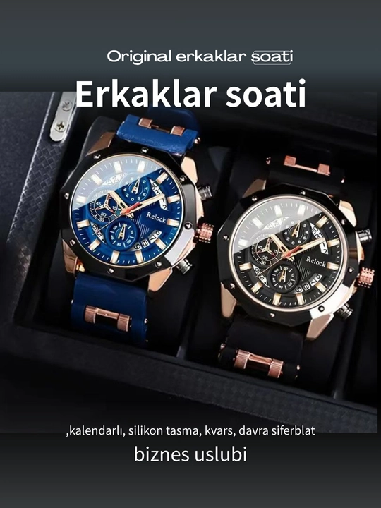Erkaklar soati, biznes uslubi, kalendarlı, silikon tasma, kvars, davra siferblat