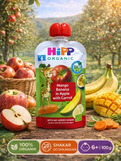 HiPP пюре - морковь, манго, банан, яблоко с 4+ месяцев 100 грамм — ДЕТПИТ-PAUCH1