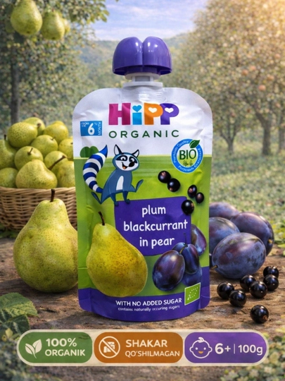 HIPP детское пюре слива, смородина, груша, 100 гр, с 6 месяцев - 