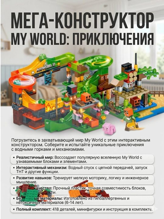 Мега-конструктор My World Приключения, развивающий набор для детей, 418 деталей