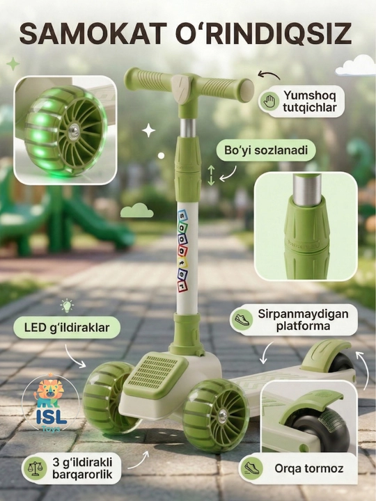Bolalar samokat uch g‘ildirakli, o‘rindiqli samokat, sozlanadigan rul, yorqin g‘ildiraklar