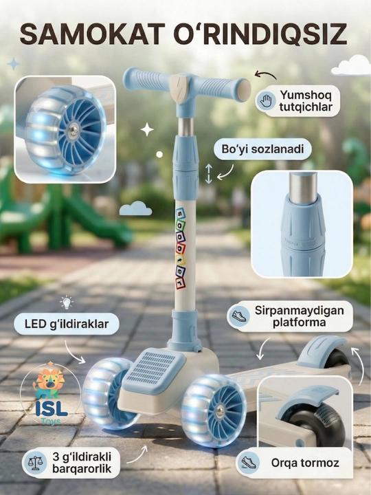 Bolalar samokat uch g‘ildirakli, o‘rindiqli samokat, sozlanadigan rul, yorqin g‘ildiraklar