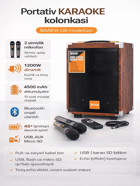 Караоке-колонка BAAB B-Q8 с 2 беспроводными микрофонами