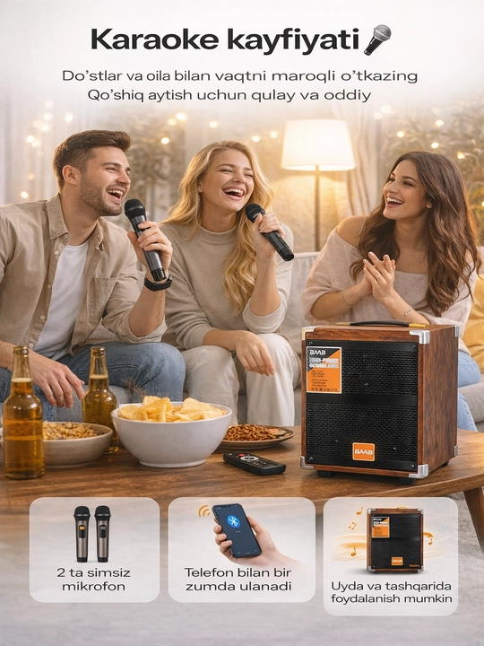 Караоке-колонка BAAB B-Q8 с 2 беспроводными микрофонами