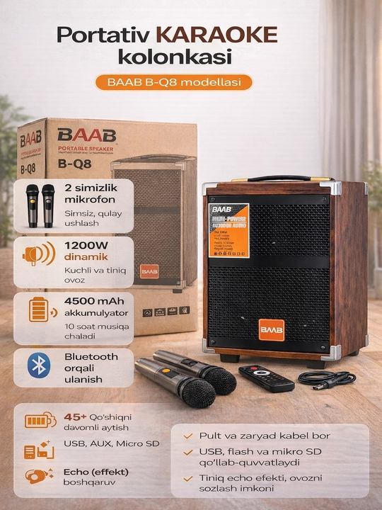 Karaoke kolonkasi BAAB B-Q8, 2 ta simsiz mikrofon bilan - 