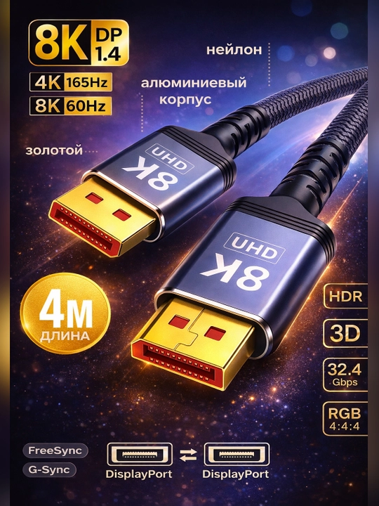 DisplayPort 1.4 2m 8K / 4K 60Hz kabeli, neylon qoplama, HDR, kompyuter va monitor uchun - 