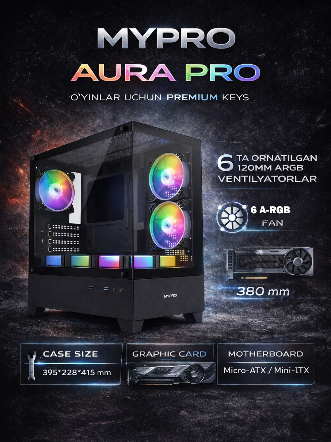 Пустой корпус, аквариум кейс для ПК MYPRO AURA PRO, 6 ARGB  кулера, игравой кейс аквариум - 