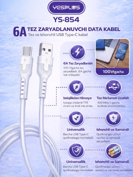 YGSPLUS YS-854 Type-C USB kabel 6A Fast Charging tez zaryadlash data kabel