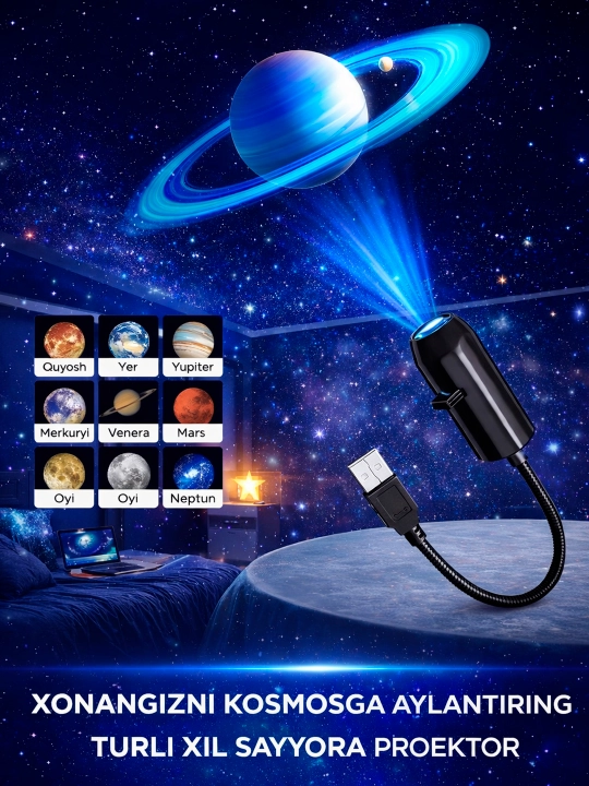 USB chiroq, tungi chiroq, 10 ga yaqin turdagi sayyoralar projektori - 