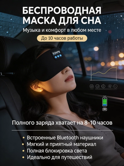 Беспроводная маска для сна с Bluetooth наушниками музыкальная повязка для глаз, 10 ч работы — DAWRAN-SLPMASKBTBLK01-ЧЕРН