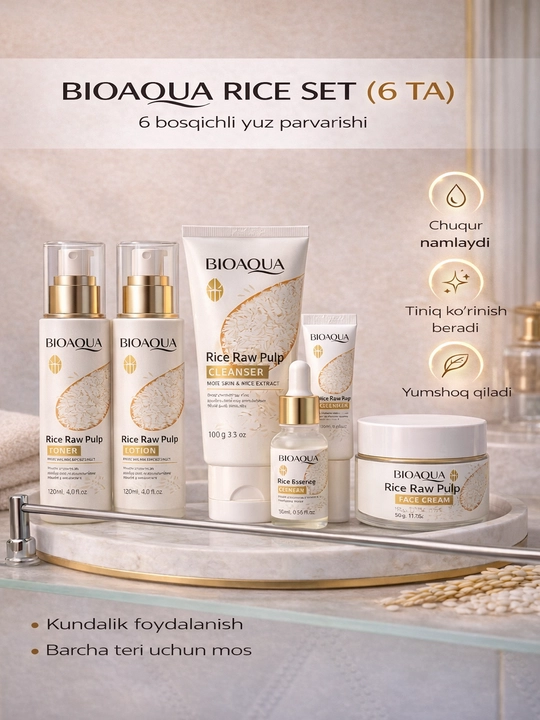 Bioaqua yoshartiruvchi kosmetik to‘plami: guruch ekstrakti atirgul ekstrakti