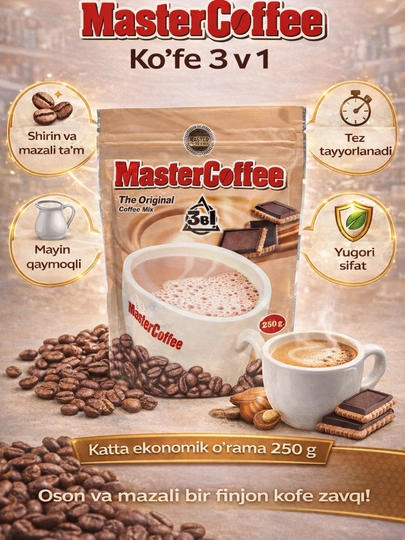 Кофе растворимый MasterCoffe 3 в 1, 250 г — КОФЕ077-4660536-MAS1
