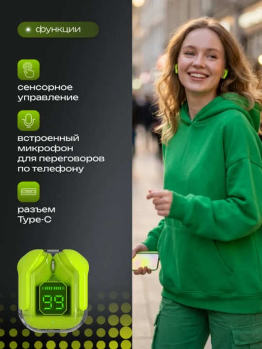 TWS беспроводные наушники сенсор управление LED дисплей мощный звук Android iOS