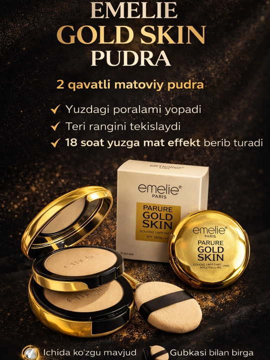Kompakt pudra Emelie Gold Skin SPF 25, yuz uchun face powder, ko‘zguli - 