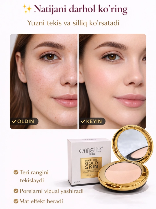 Kompakt pudra Emelie Gold Skin SPF 25, yuz uchun face powder, ko‘zguli