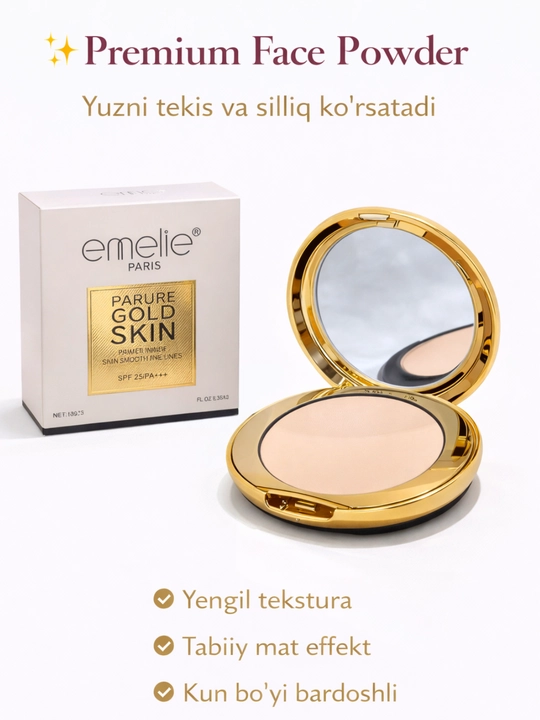 Kompakt pudra Emelie Gold Skin SPF 25, yuz uchun face powder, ko‘zguli