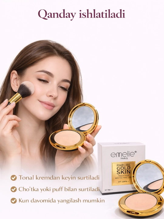Kompakt pudra Emelie Gold Skin SPF 25, yuz uchun face powder, ko‘zguli