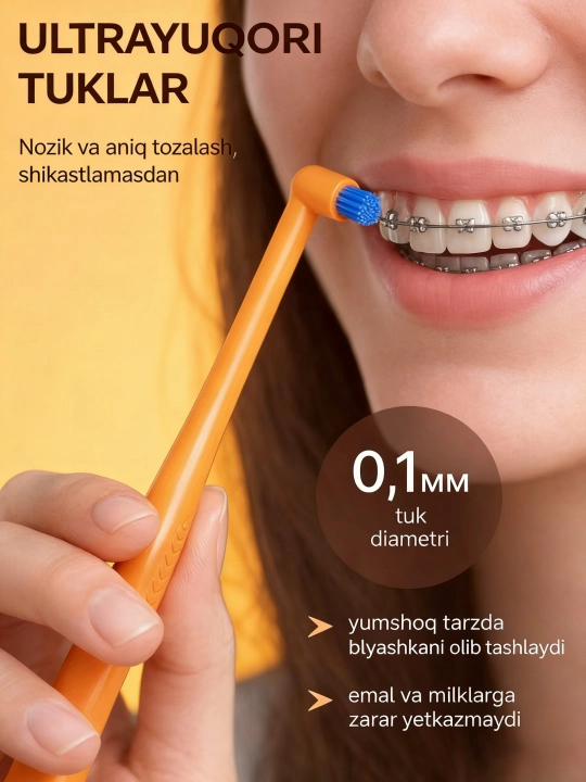 Breketlar, implantlar, tishlararo bo'shliqlar uchun bitta tutamli tish cho'tkasi - 