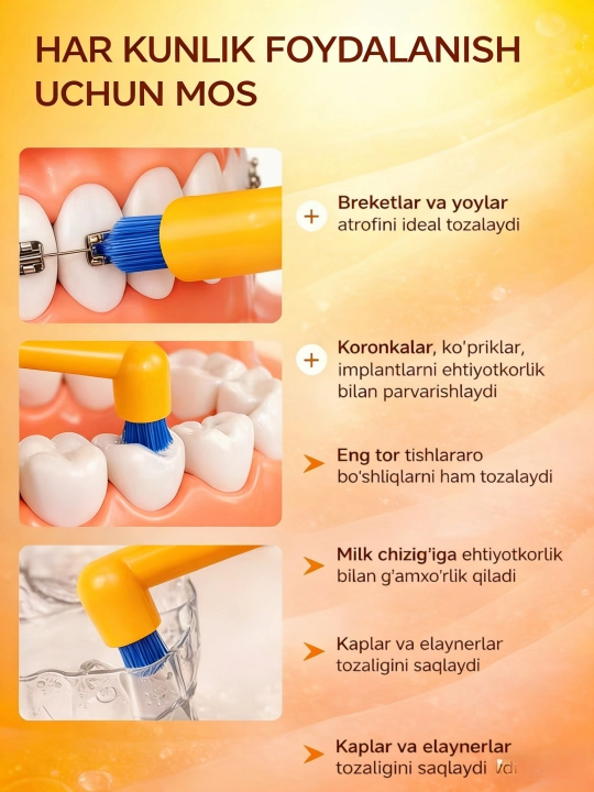 Breketlar, implantlar, tishlararo bo'shliqlar uchun bitta tutamli tish cho'tkasi