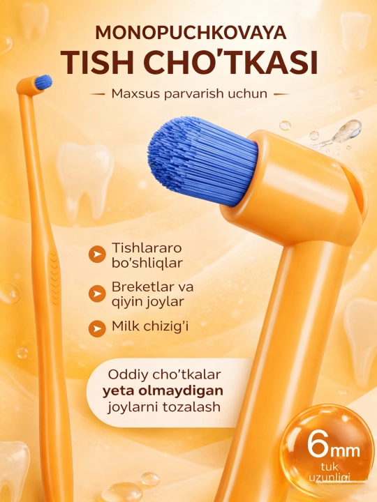 Breketlar, implantlar, tishlararo bo'shliqlar uchun bitta tutamli tish cho'tkasi