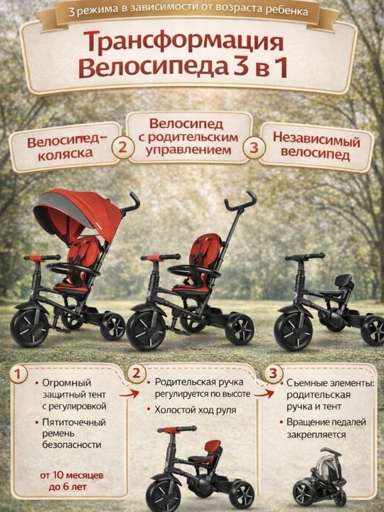 Детский трехколесный велосипед трансформер 3 в 1 с родительской ручкой и козырьком