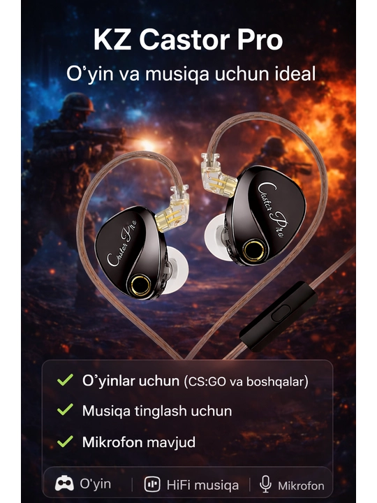 KZ Castor Pro проводные Hi-Fi IEM мониторные, с мощным басом и микрофоном наушники - 