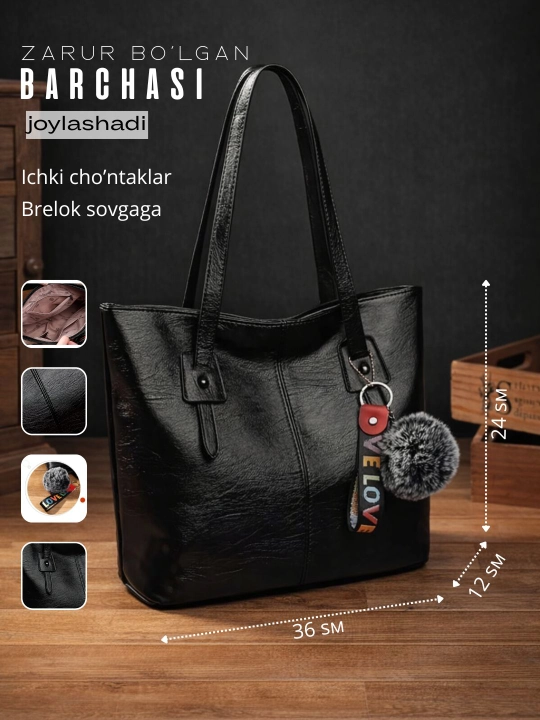 Sumka ayollar uchun, shopper, yelkama, sig'imli, maktab va o‘qish uchun A4, ekocharm