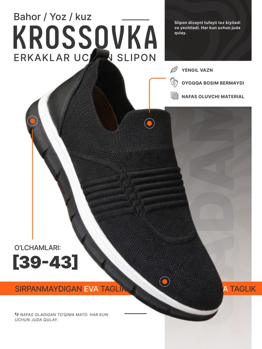 Erkaklar sliponi, bahorgi yozgi poyabzal, 39-43 o‘lchamlar