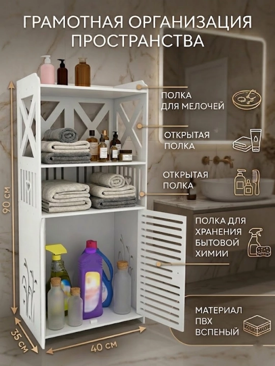 Yuvinish xonasi va hojatxonada saqlash uchun javon-shkaf, tokcha