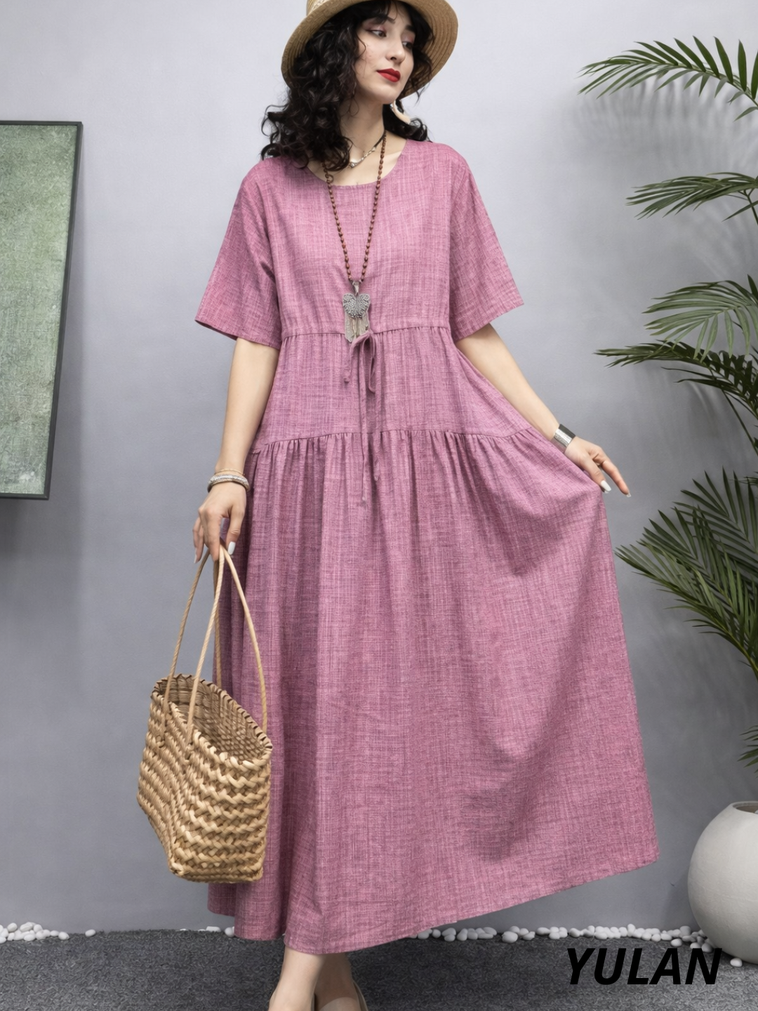 Женское платье, хлопок + лен, летнее, oversize, 48–54, французская длина, свободное, повседневное - 
