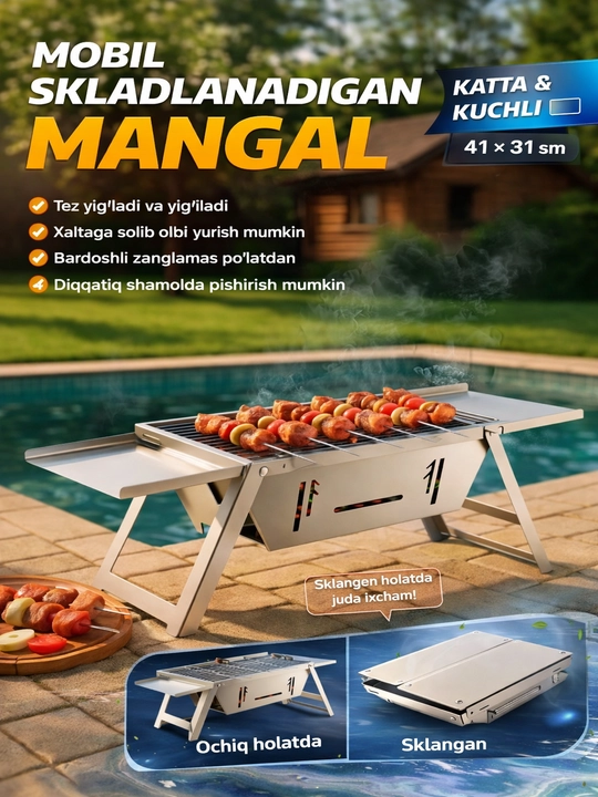 Zanglamaydigan po‘latdan ko‘chma ko‘mirli barbekyu grill – sayohatlar va pikniklar uchun - 