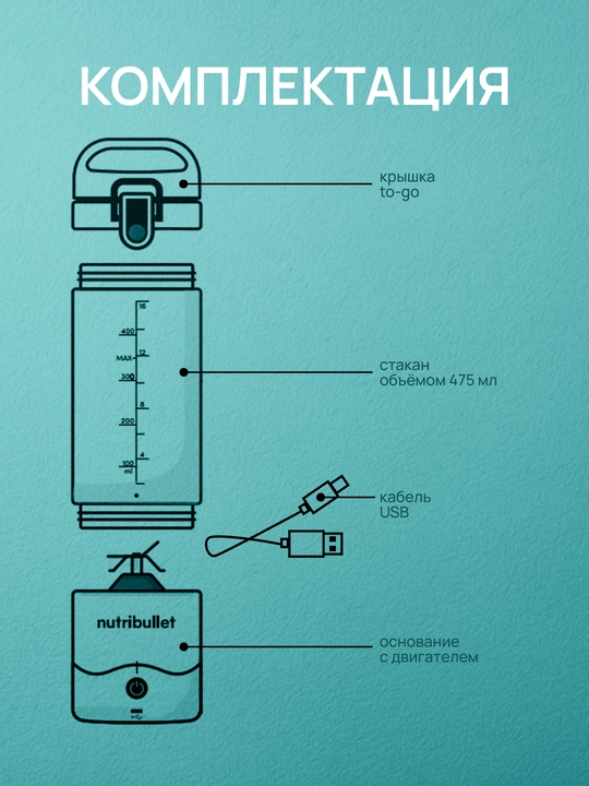 Блендер портативный мини Nutribullet NBP003LBL, аккумуляторный, 475 мл