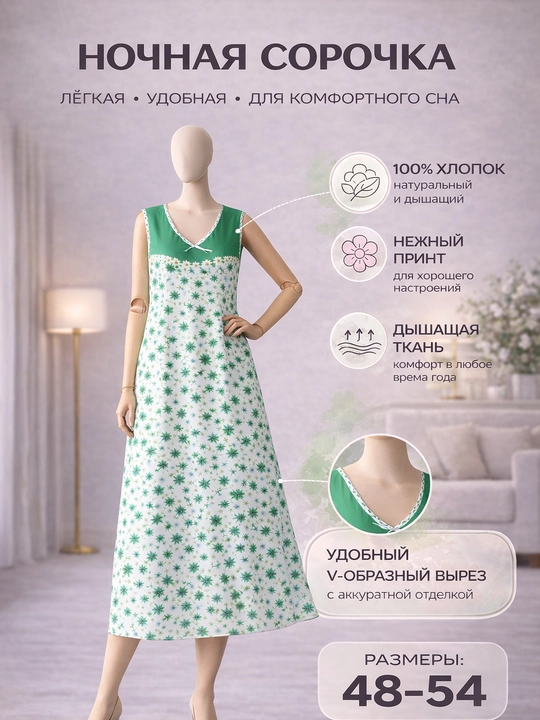 Ayollar tungi ko‘ylagi UzLook, paxta matoli, yengil va qulay, yoqimli uyqu uchun