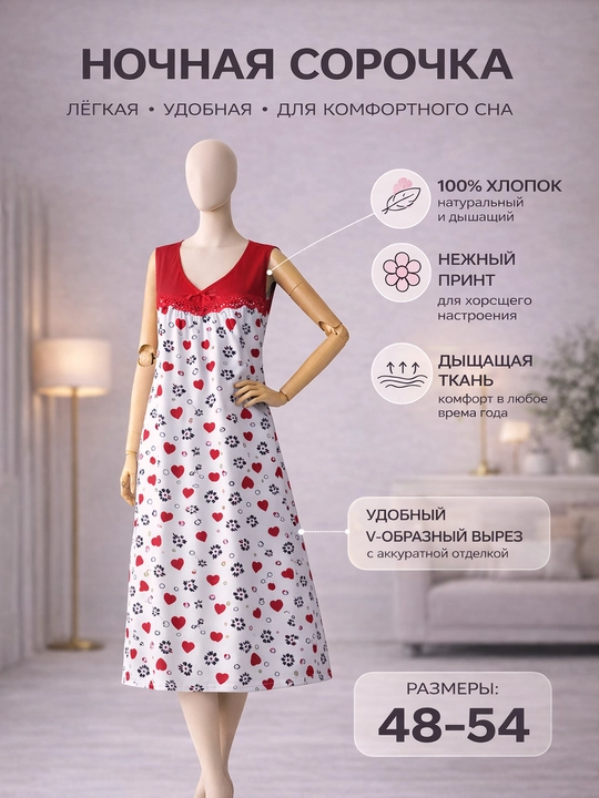 Ayollar tungi ko‘ylagi UzLook, paxta matoli, yengil va qulay, yoqimli uyqu uchun